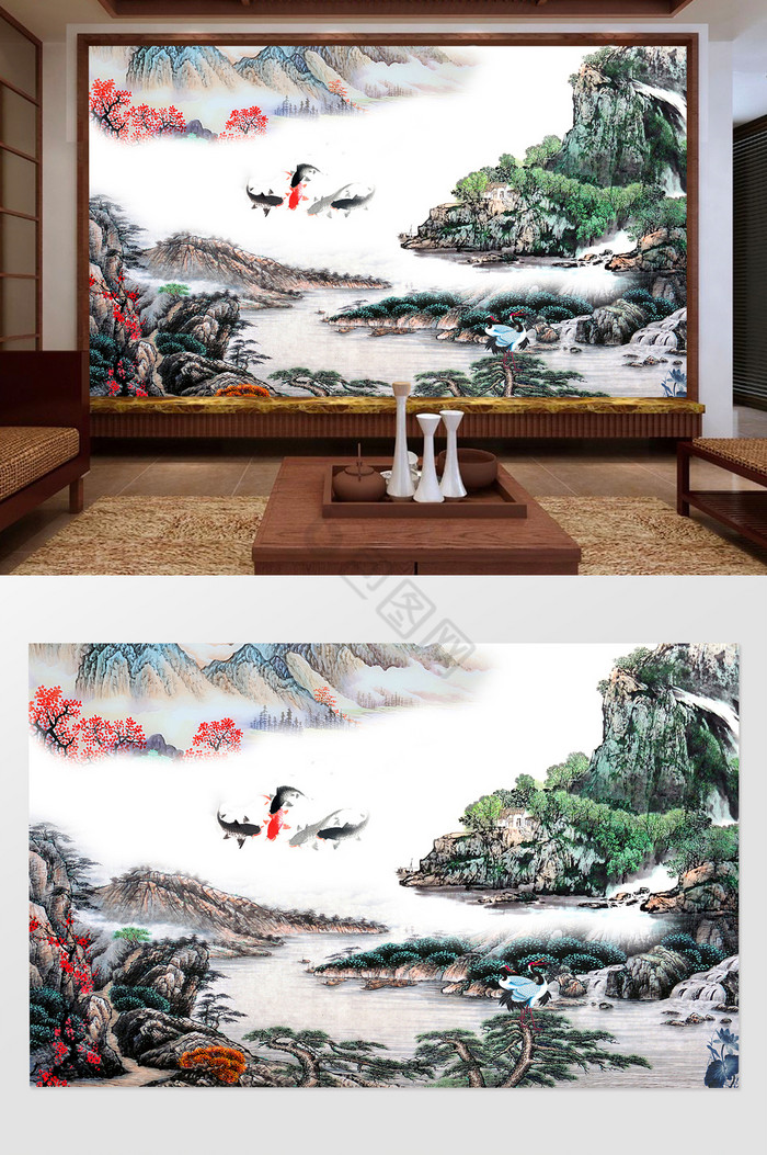 桃花鲤鱼山水白鹤背景墙图片