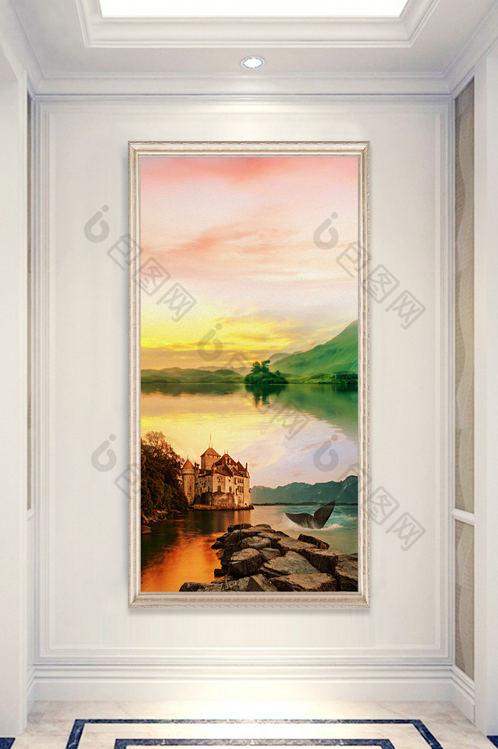 欧式城堡湖泊油画风景玄关装饰画