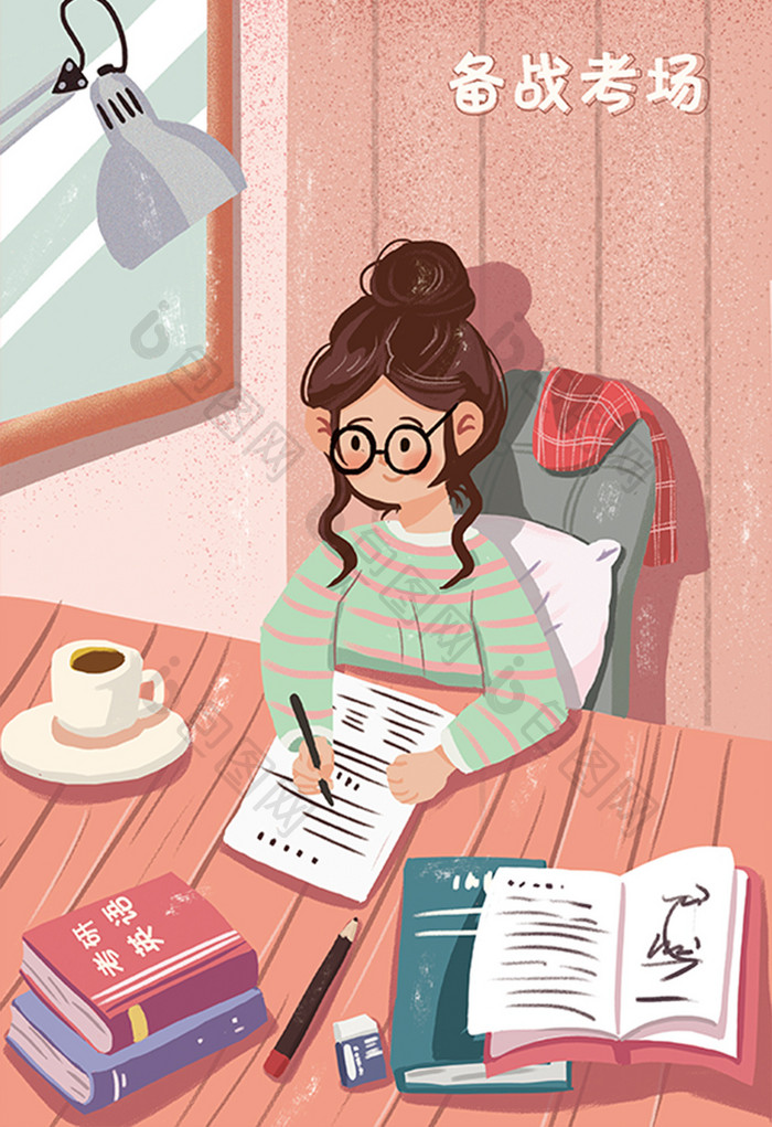 粉色少女教育考试复习写作业唯美插画 图片下载 包图网