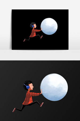 手绘滚雪球的男孩插画元素图片