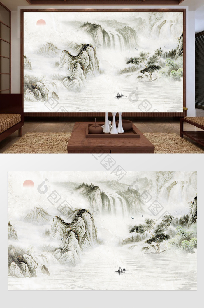 新中式手绘山水风景画背景墙效果图-【包图网】