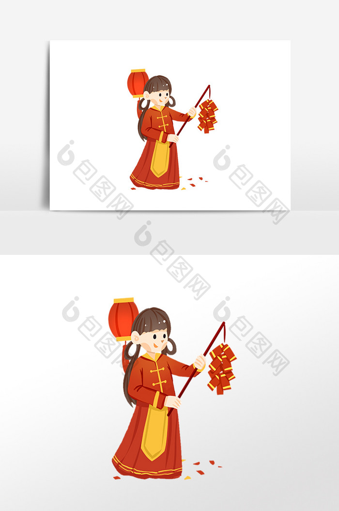 卡通中国风新年放鞭炮小女孩元素