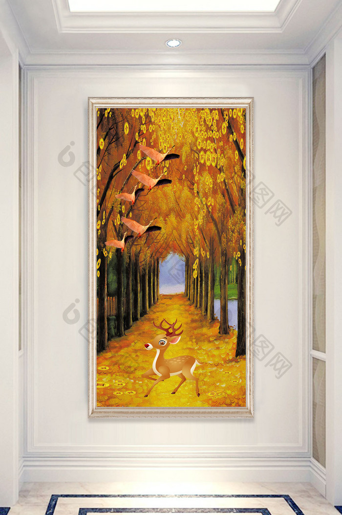中式唯美黄金森林小鹿飞鸟玄关装饰画