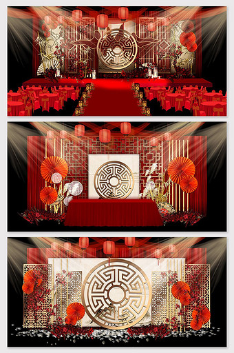 简约中国风红色喜庆寿宴舞台效果图图片