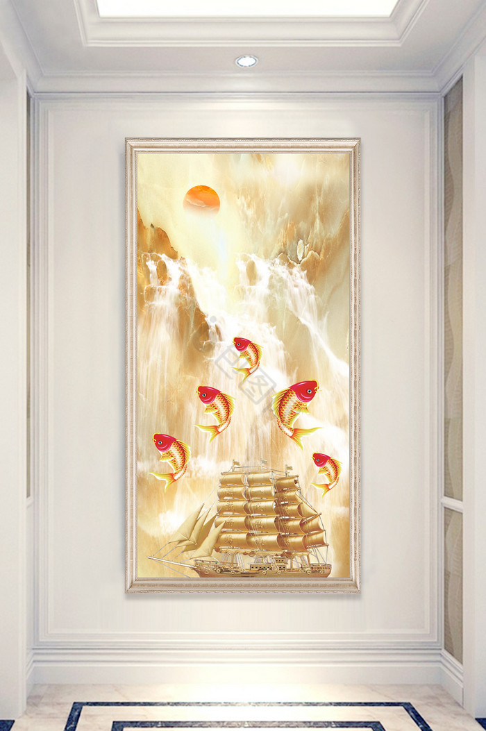 大理石彩雕流水鲤鱼一帆风顺玄关装饰画