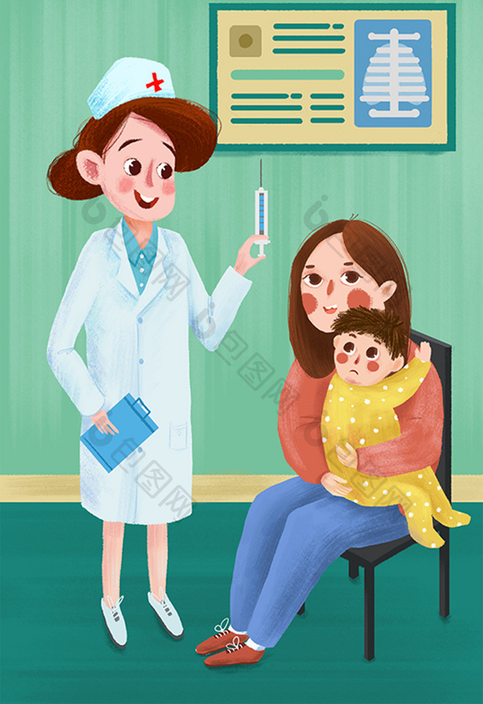 医疗健康体检小孩就医打针手绘插画海报