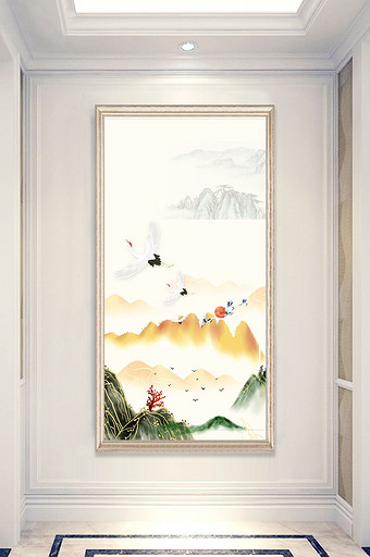 新中式手绘山水瀑布玄关装饰画图片
