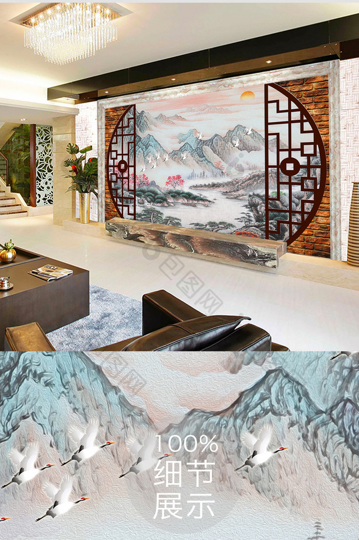 中式手绘山水画红梅飞鹤背景墙
