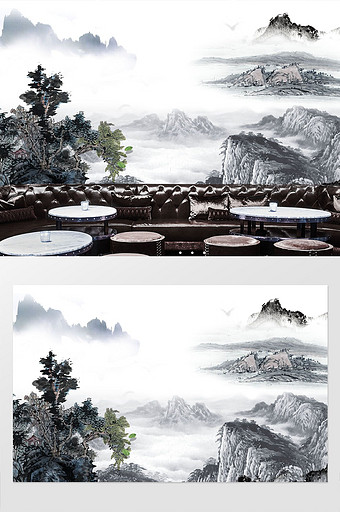 新中式手绘松竹石高山流水背景墙图片
