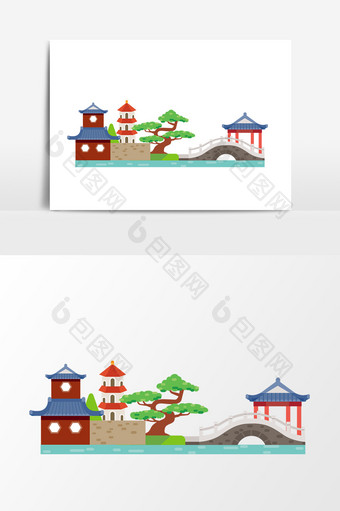 卡通手绘中国风建筑设计元素图片