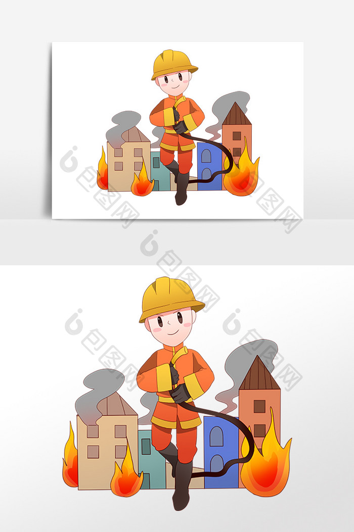 卡通消防员楼房灭火元素
