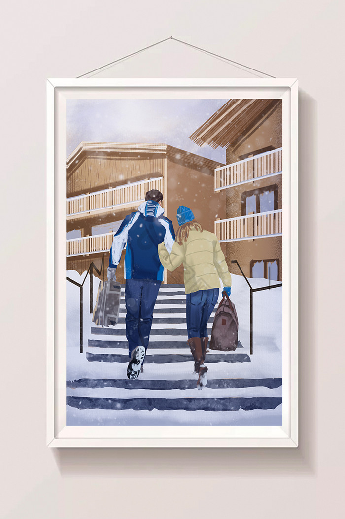 冬日情侣出行旅行徒步乐享生活插画图片