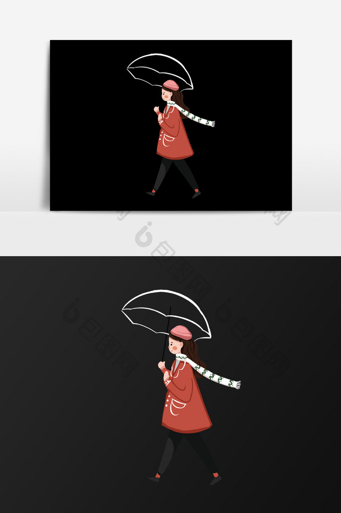 手绘打伞行走的女孩插画元素
