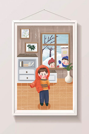 小寒儿童室内雪景卡通唯美手绘扁平插画图片