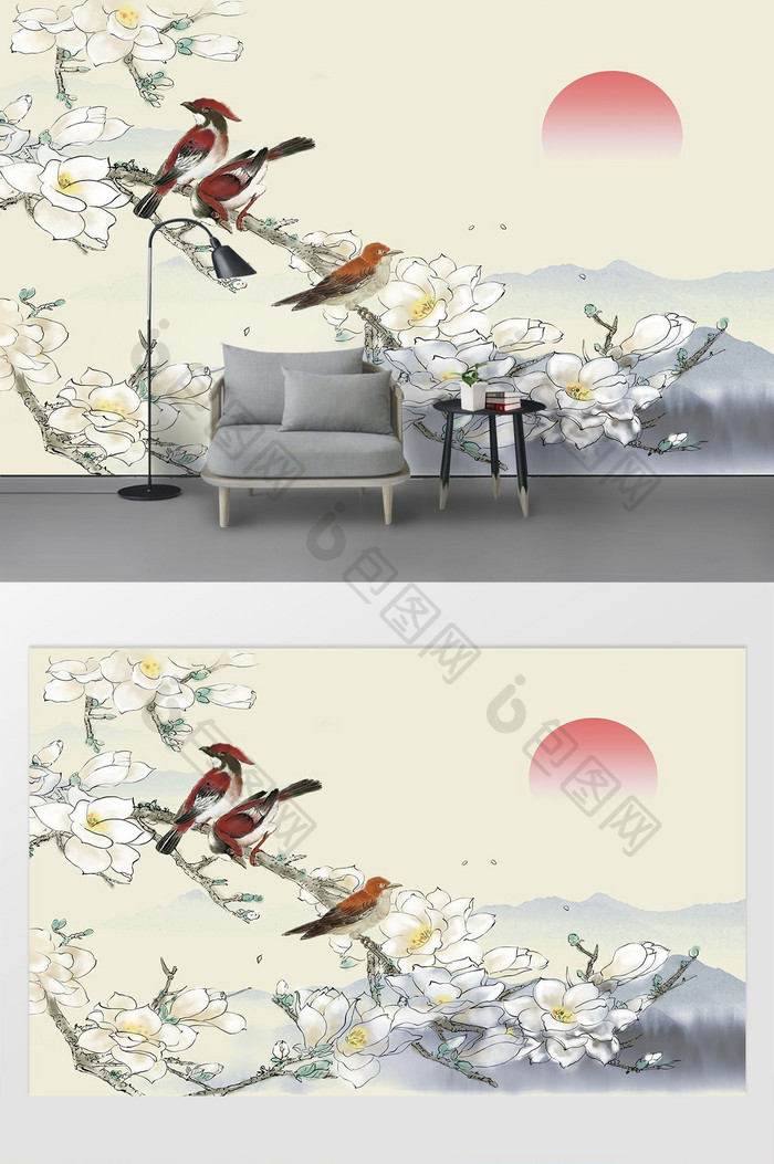 中式玉兰工笔花鸟古典背景墙