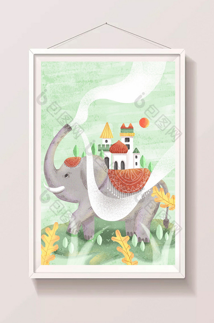 丛林大象背城堡肌理插画图片图片