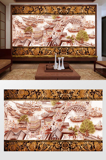 中式木雕清明上河图电视背景墙图片