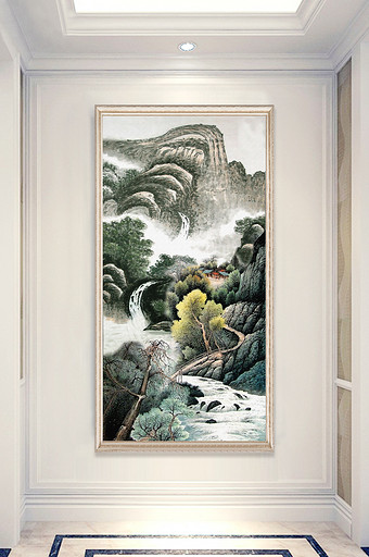 新中式远景山峰玄关装饰山水水墨背景墙-图片