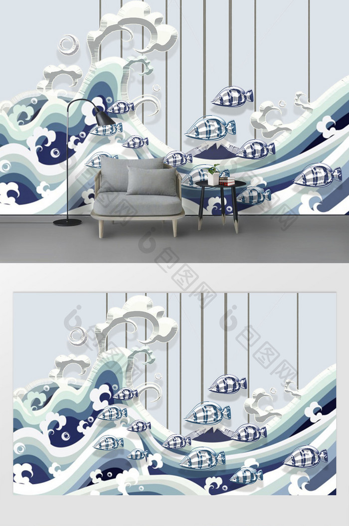 儿童房定制可爱小鱼蓝色背景墙