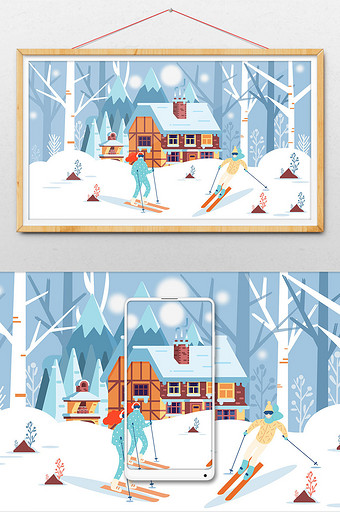 大寒滑雪冬季小屋冬季雪景扁平插画图片