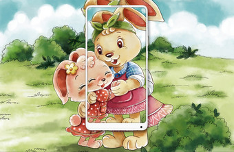 小兔子唯美清新自然水彩妈妈的爱插画图片