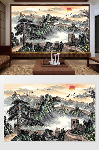 中国风水墨工笔长城风景景点电视背景墙图片