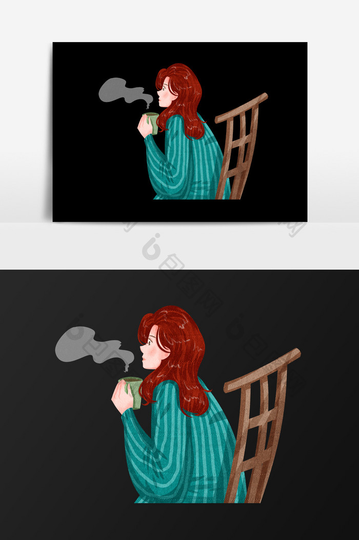 手绘坐着喝茶的女人插画元素