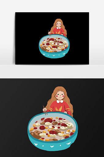手绘吃大碗八宝粥的女人插画元素图片