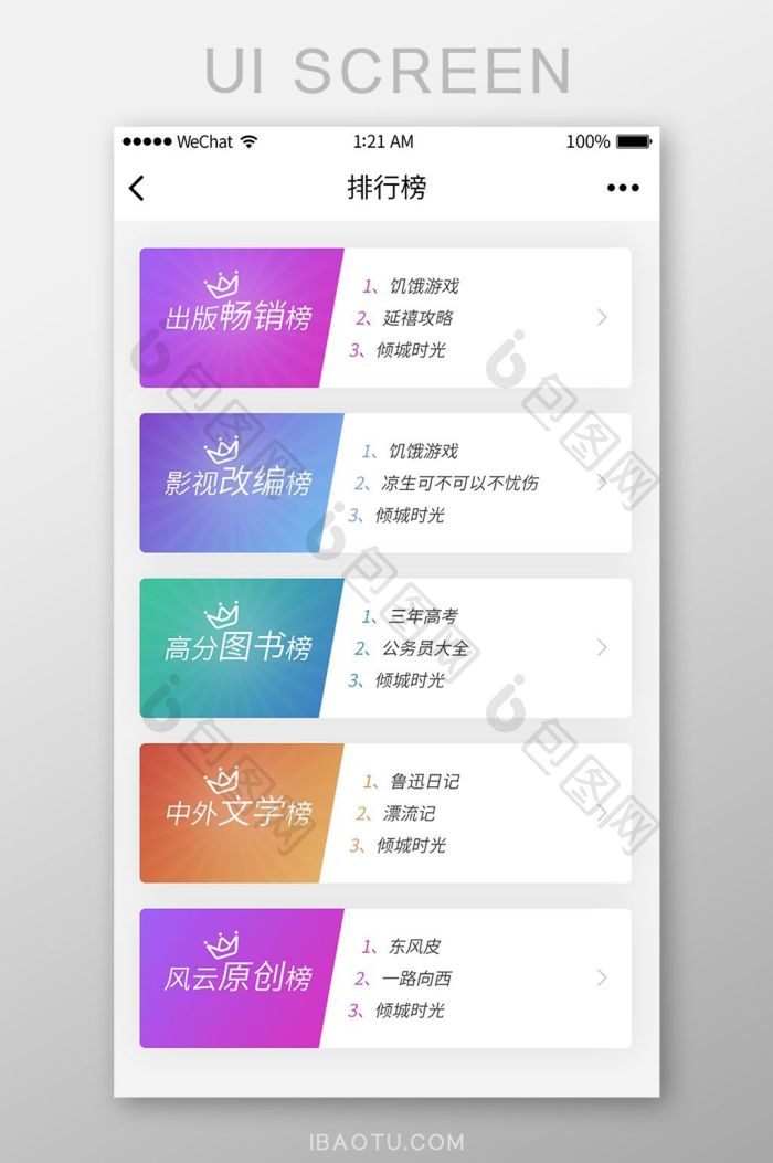 移动APP排行榜分类UI界面-包图网