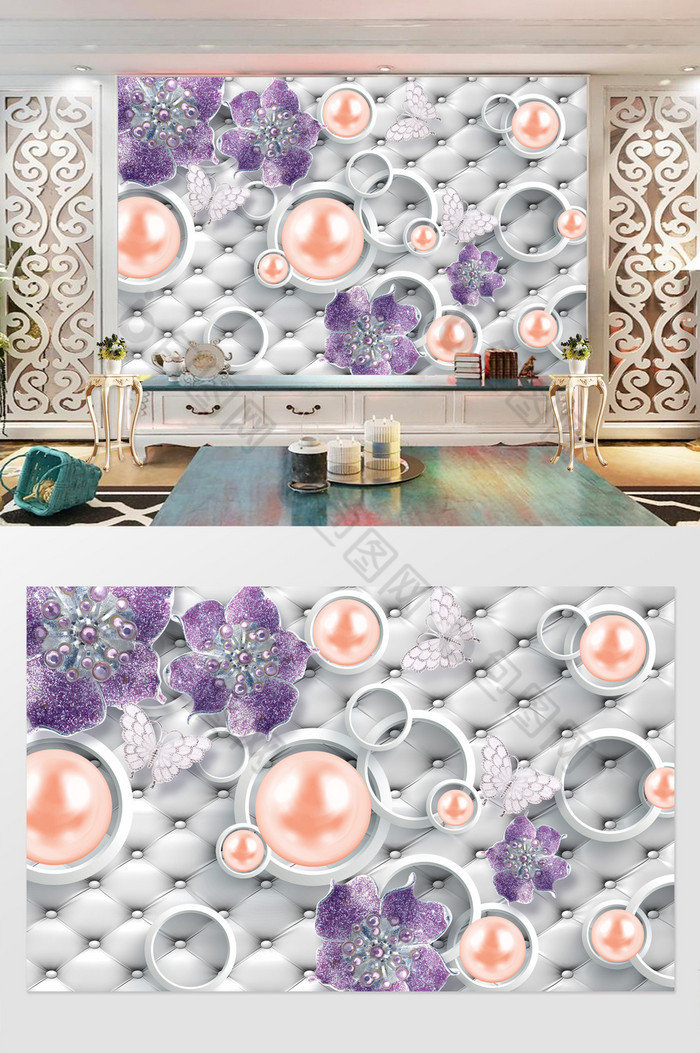 精美奢华珠宝紫色花卉电视背景墙图片图片
