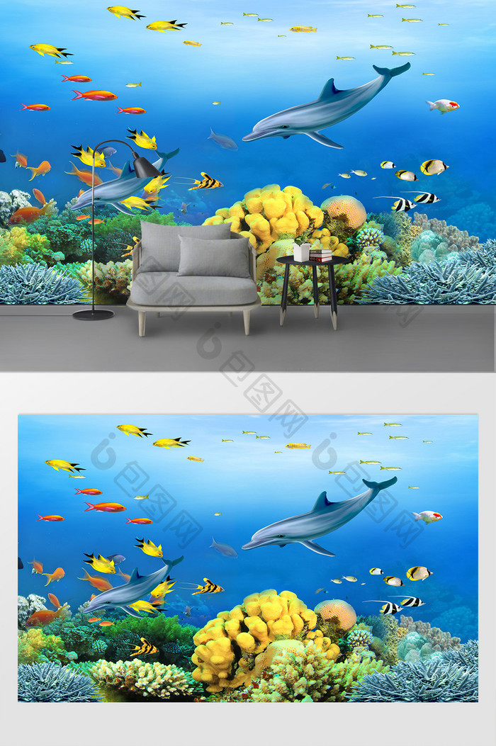 现代海底世界鲨鱼背景墙装饰