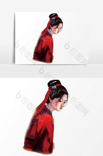 中国风新年红衣美人元素图片