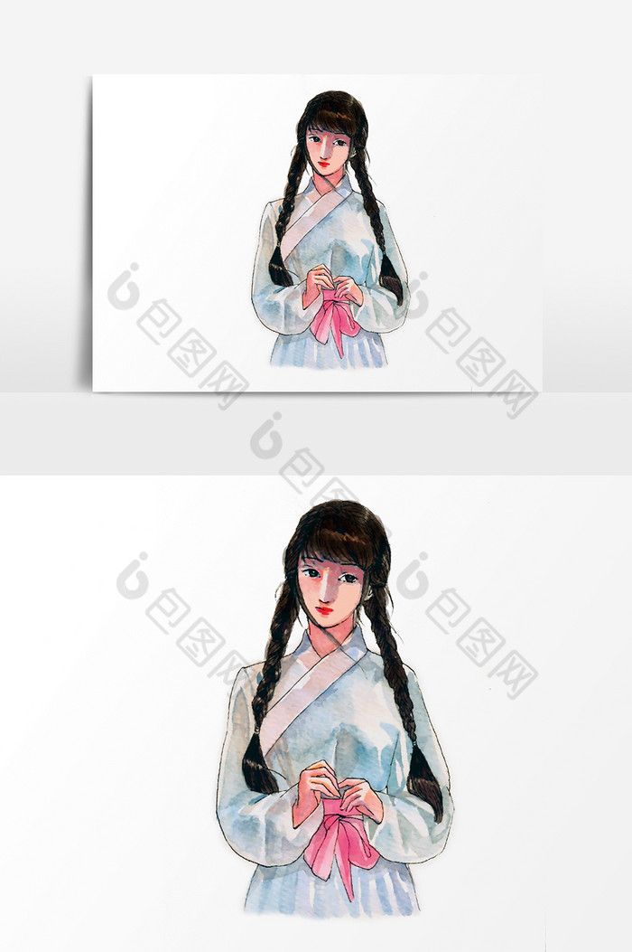 中国风扎麻花辫白衣美人元素图片