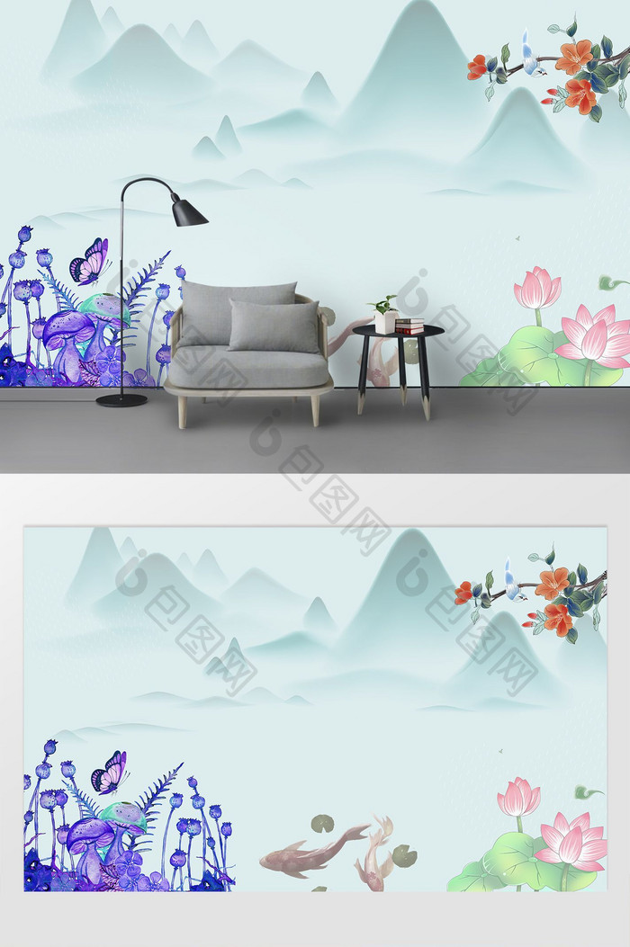 中式现代工笔柳树山水风景沙发背景墙