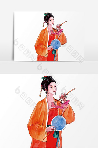 中国风手执花枝团扇美人元素图片