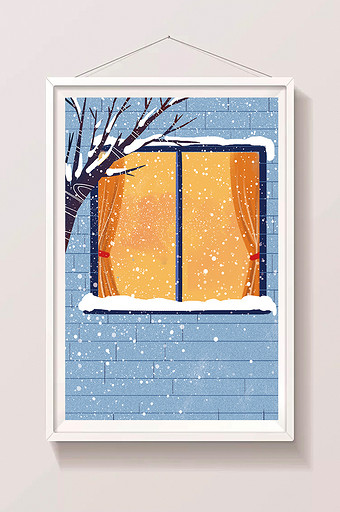 手绘雪中窗外的树插画背景图片