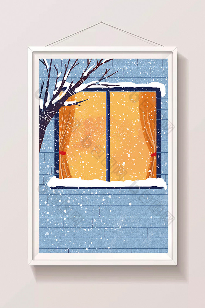 手绘雪中窗外的树插画背景