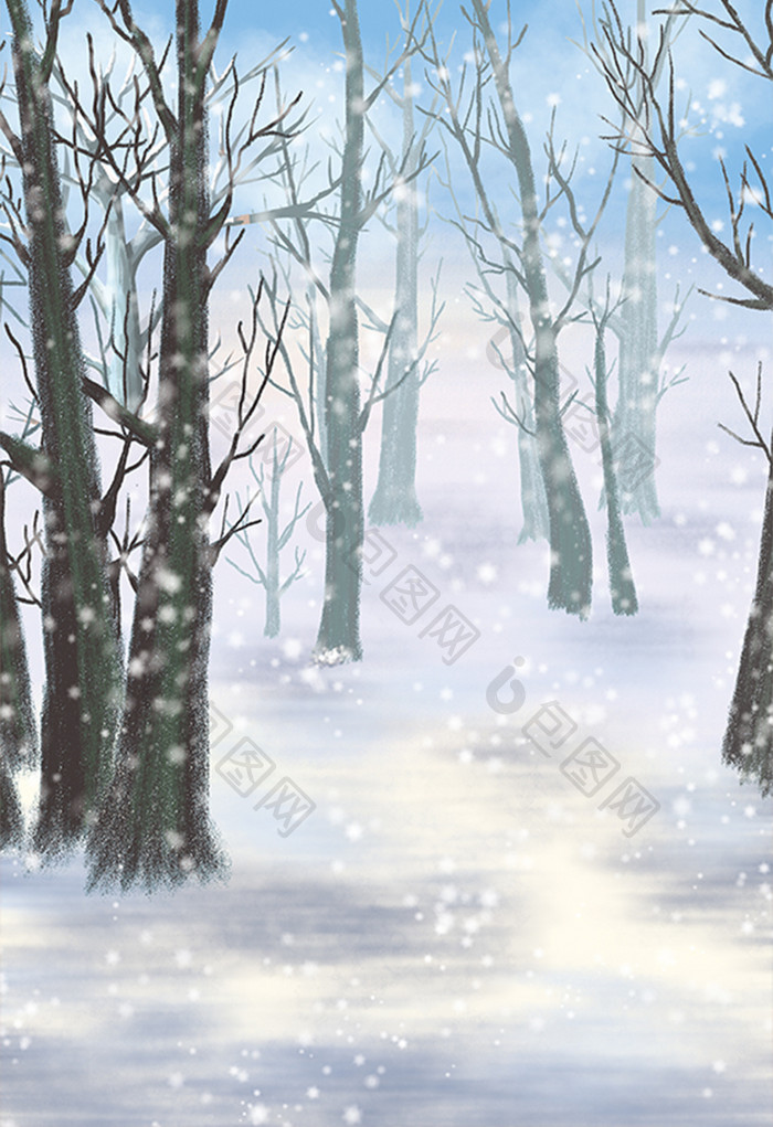 手绘树林中的雪插画背景