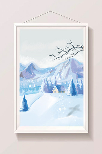 手绘雪地中的小房子插画背景图片