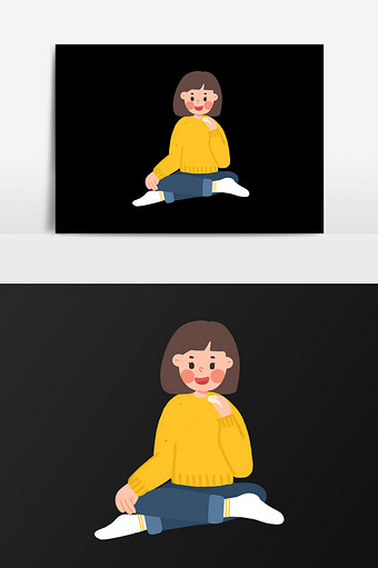 手绘盘腿坐着的女人插画元素图片