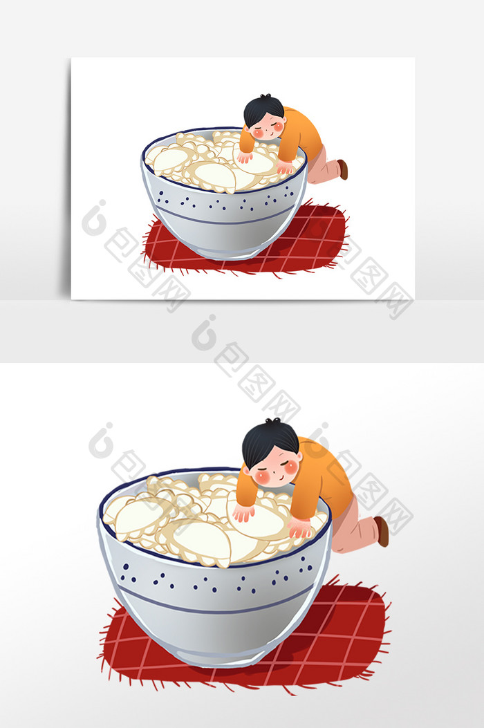 手绘冬至趴在饺子碗边的小男孩素材