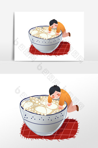 手绘冬至趴在饺子碗边的小男孩素材图片