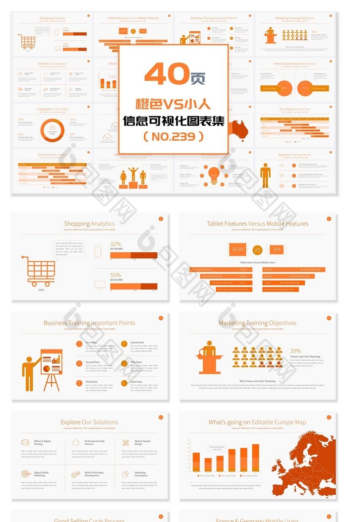 40页橙色VS小人信息可视化PPT图表