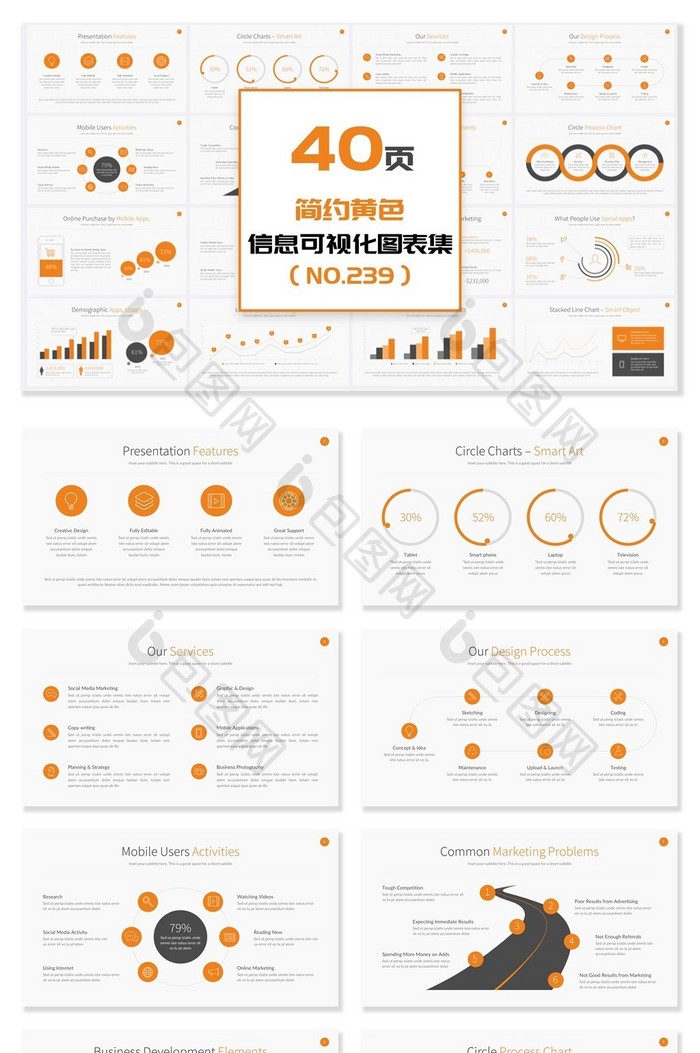 40页简约黄色信息可视化PPT图表