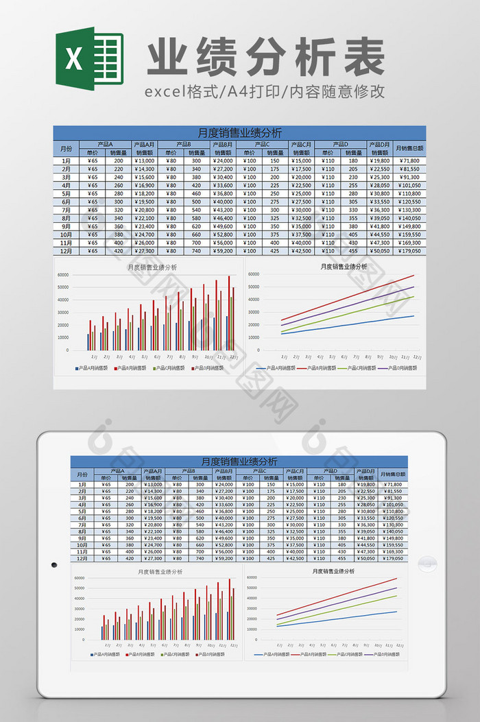 蓝白配色月度销售业绩分析表excel模板