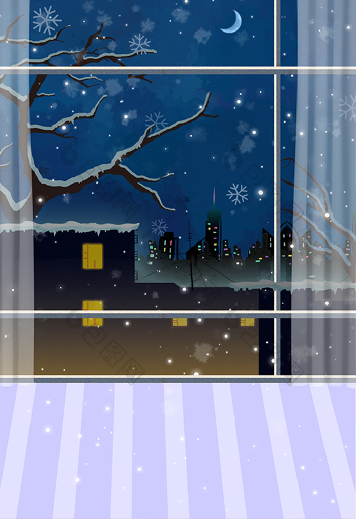 手绘冬天窗外的雪插画背景图片模版