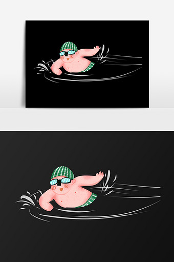 手绘游泳的胖子插画元素图片