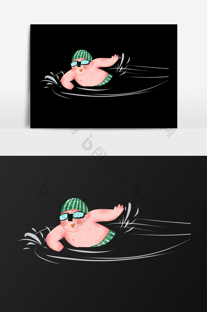 手绘游泳的胖子插画元素