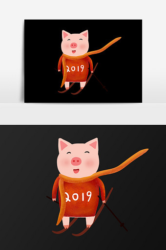 手绘滑雪的猪插画元素图片