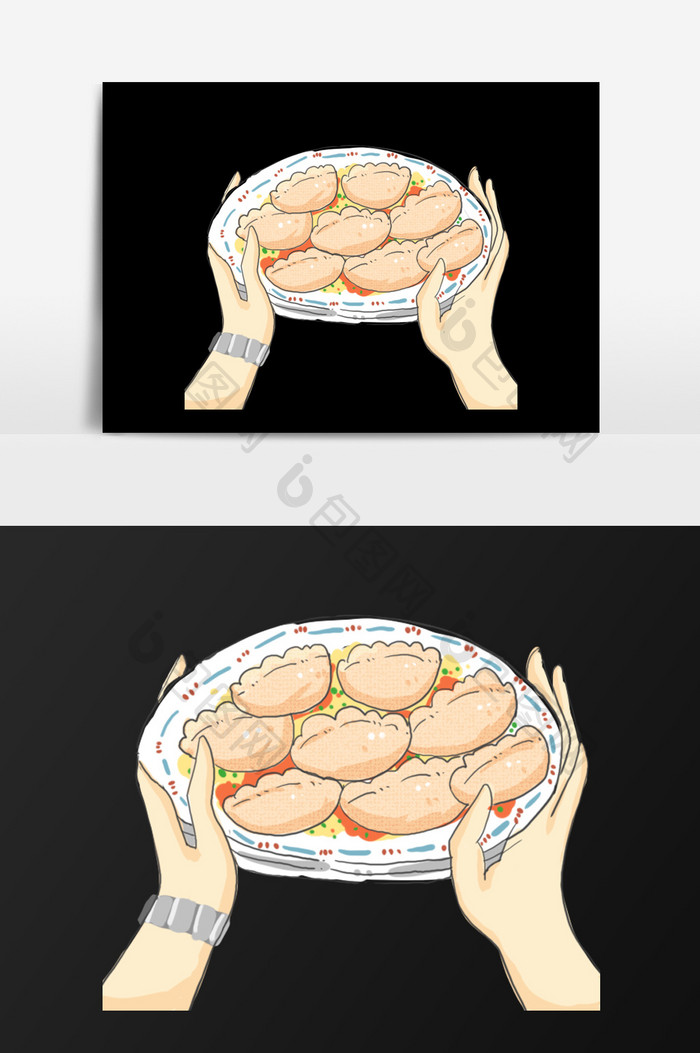手绘端着一盘饺子插画元素